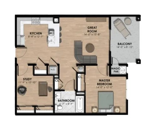 Floor plan for 1 bed, 1 bath, 878 sqft